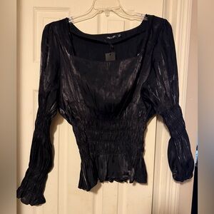NWT Women’s Nasty Gal Black Smocked Peplum Long Sleeve Shirt Blouse Sz 16